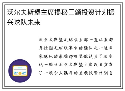 沃尔夫斯堡主席揭秘巨额投资计划振兴球队未来